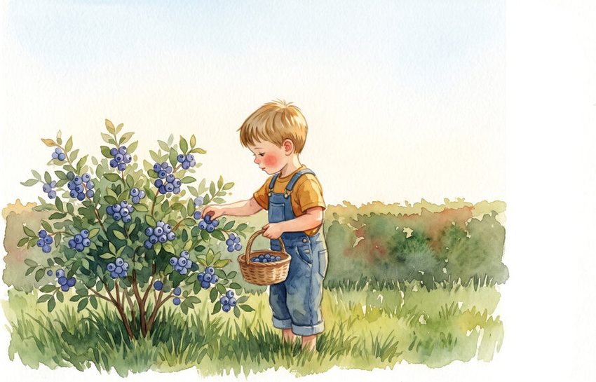 Watercolour of a child picking berries from a bush that fruits again each year