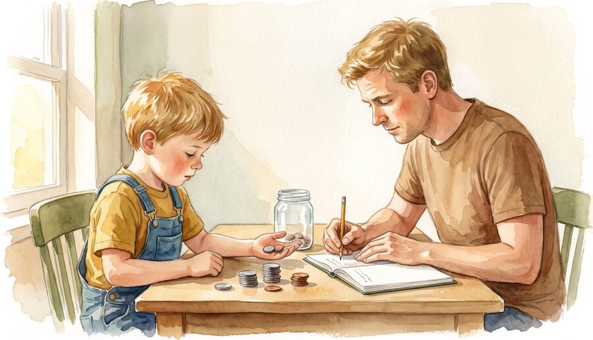 Watercolour of a father and child counting coins at the kitchen table