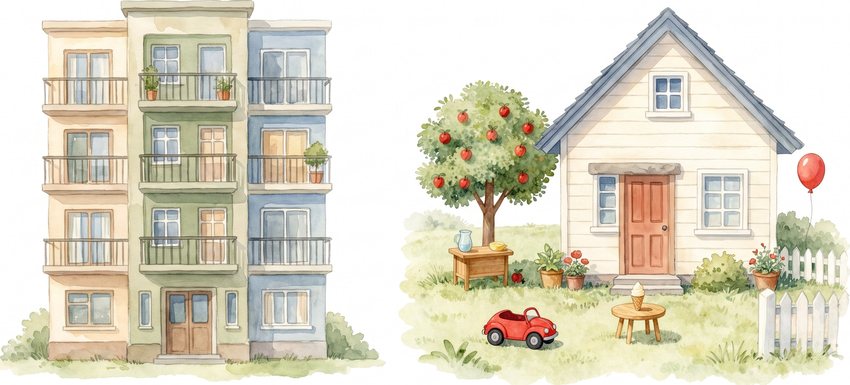 Watercolour of an apartment block beside a small house with a garden