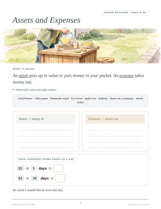 The Assets and Expenses page from Junior Builders