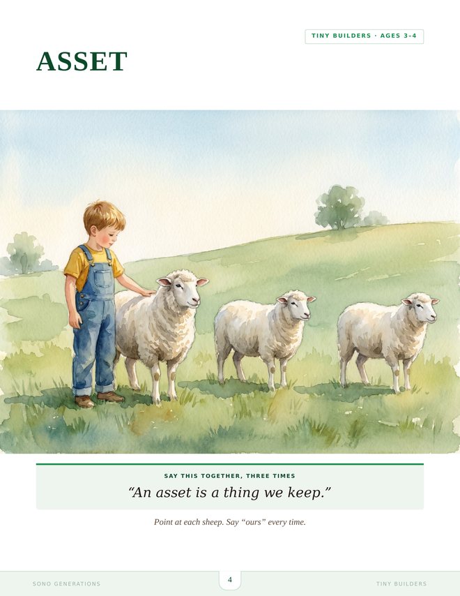 The ASSET page from Tiny Builders, a watercolour of sheep in a field