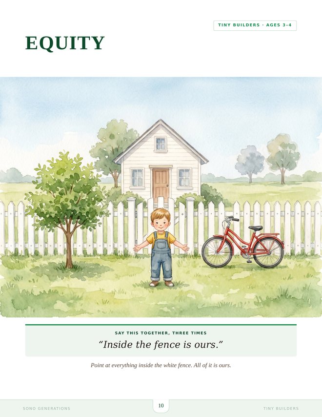 The EQUITY page from Tiny Builders, a watercolour of a house and garden behind a white fence