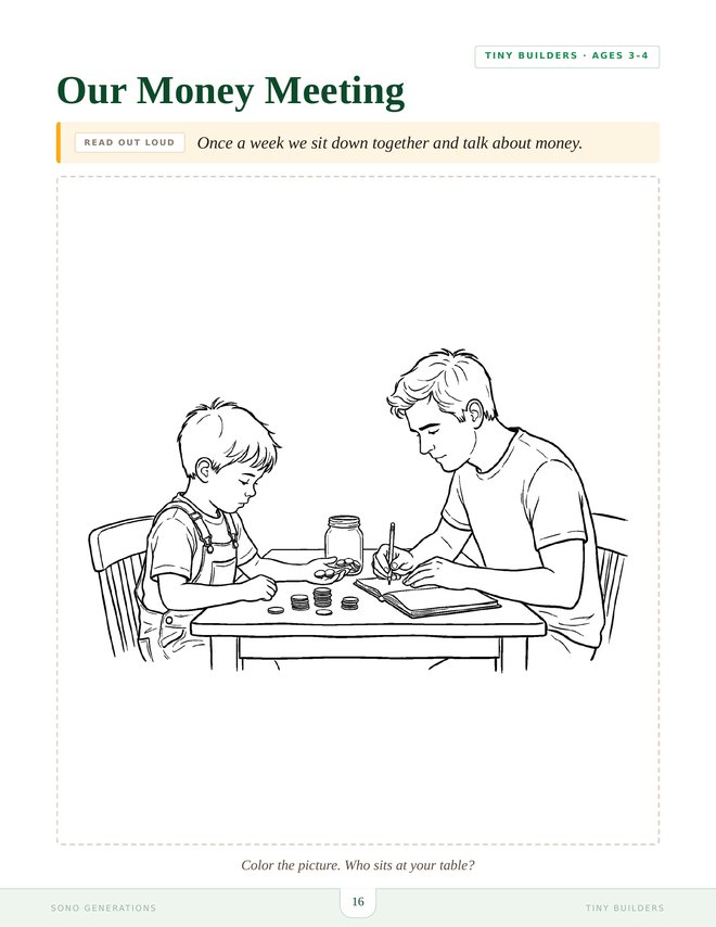 The Our Money Meeting page from Tiny Builders, a line drawing of a parent and child at a table, ready to colour