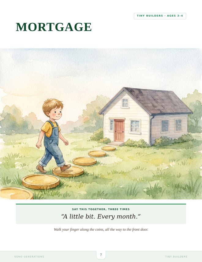 The MORTGAGE page from Tiny Builders, a watercolour of a boy following a path of coins to a house