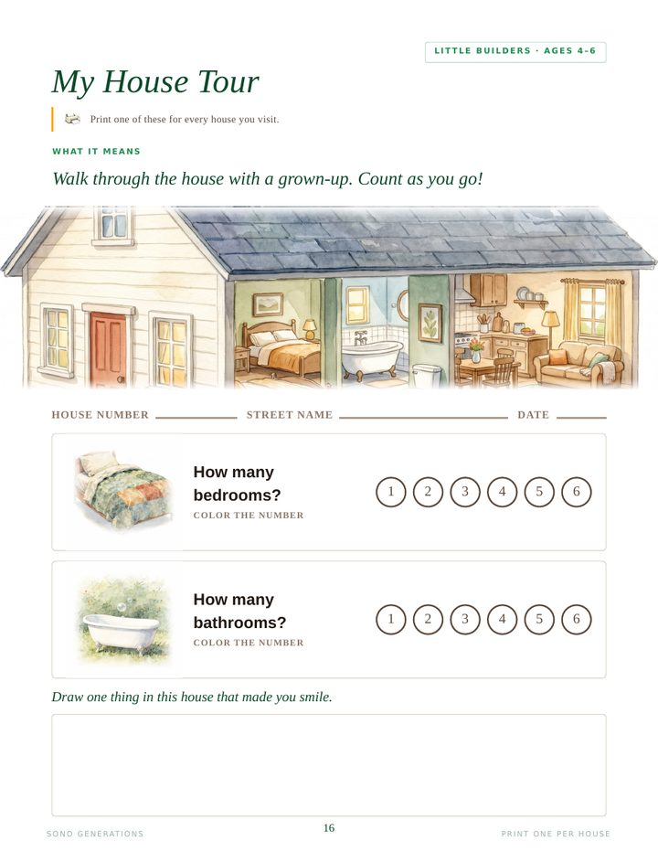 The My House Tour page, a worksheet for counting rooms at an open house